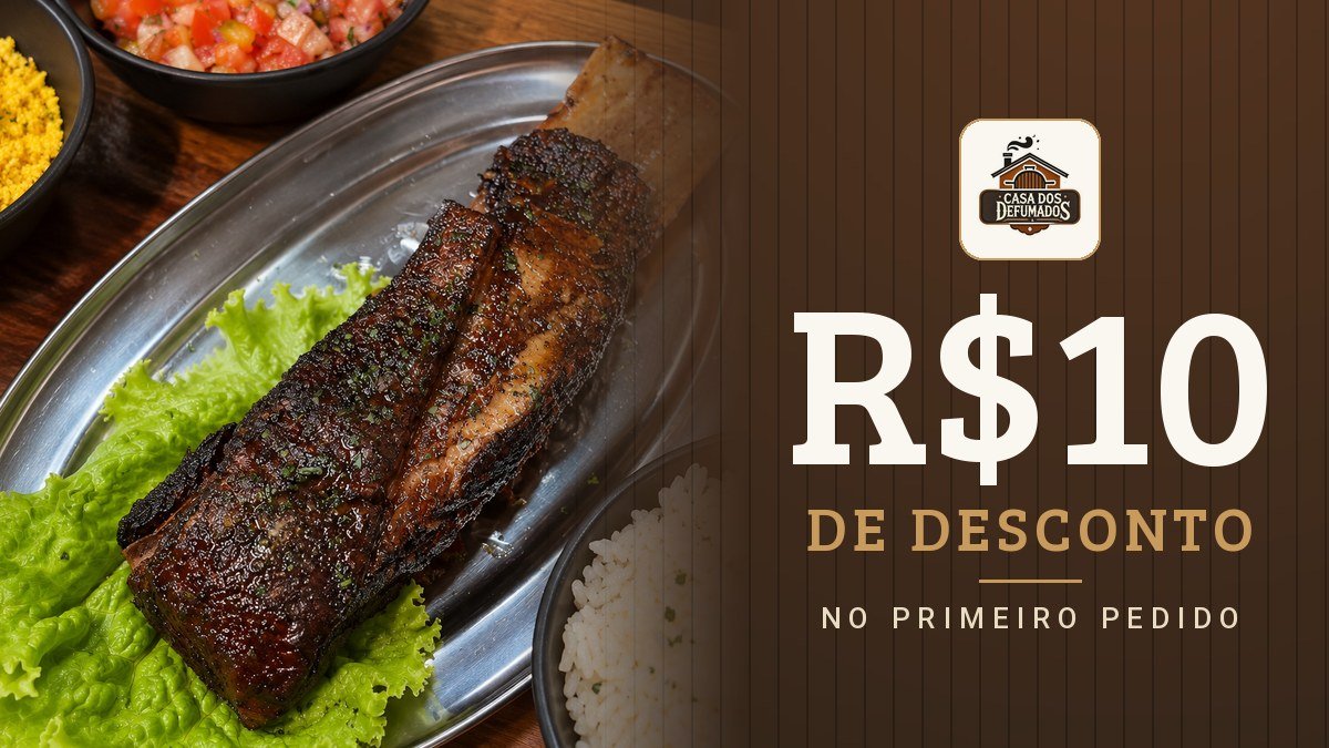 R$10 de desconto no primeiro pedido na Casa dos Defumados. Costela defumada com acompanhamentos.